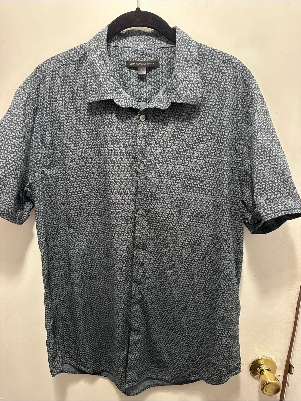 John Varvatos USA Short Sleeve Button Down Shirt Gray Micro Print Size L